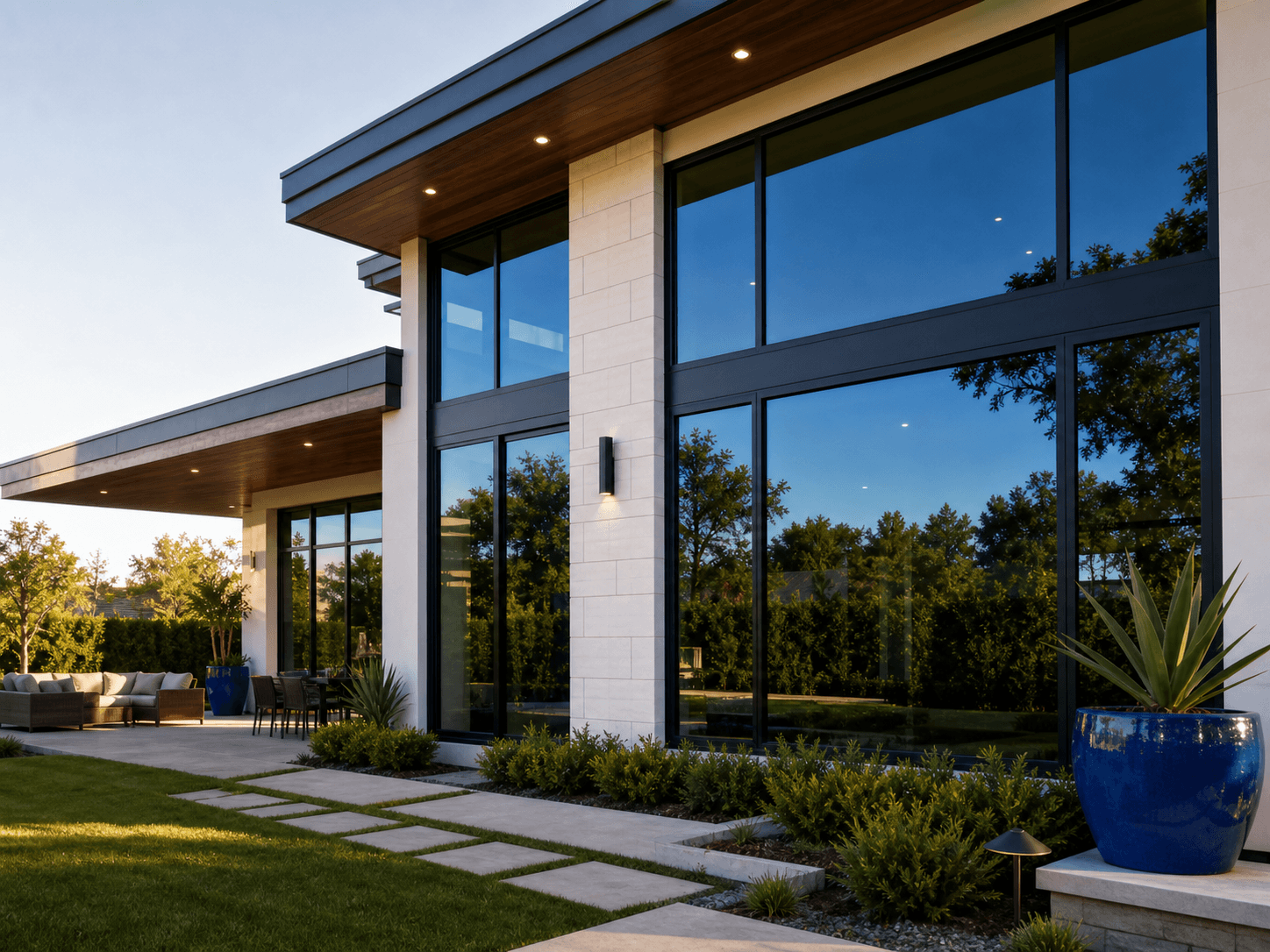 Finished residential architectural window tint with blue reflective glass