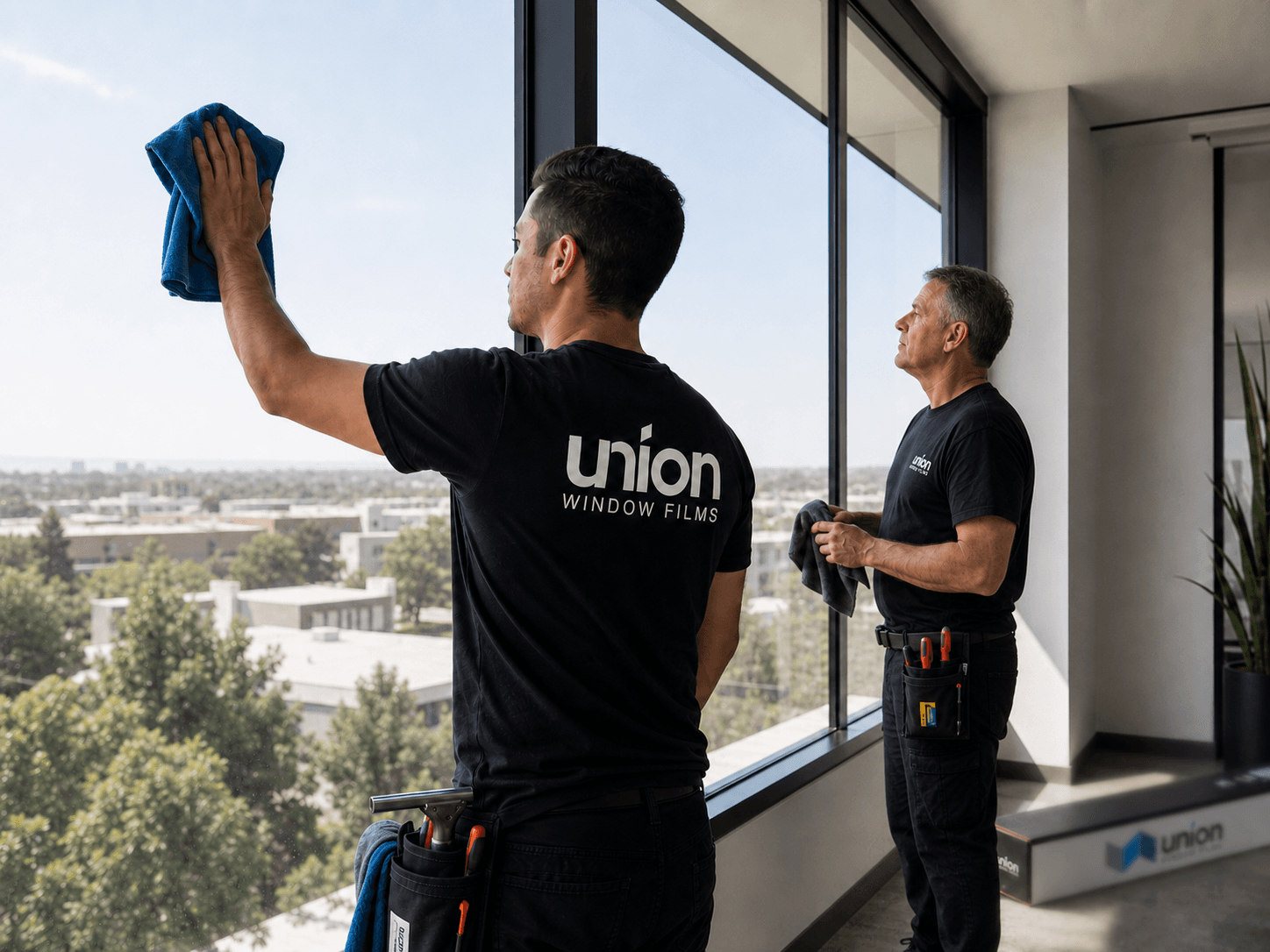 Union Window Films installers cleaning a large architectural window