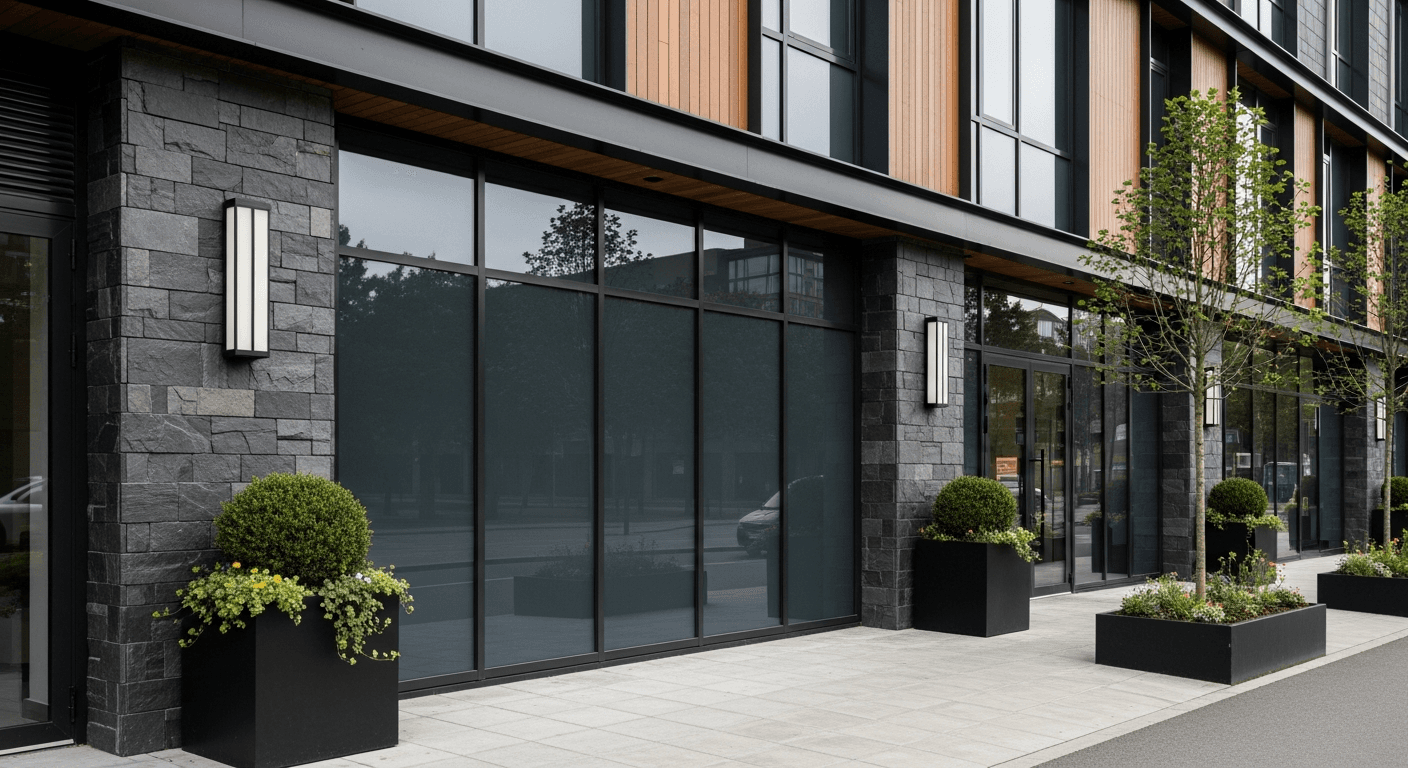 Premium storefront with uniform neutral reflective glass reducing visibility from the street