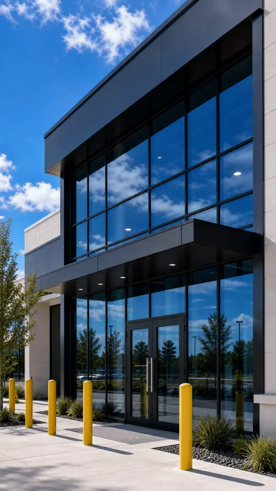 Finished commercial building window tint with blue reflective glass