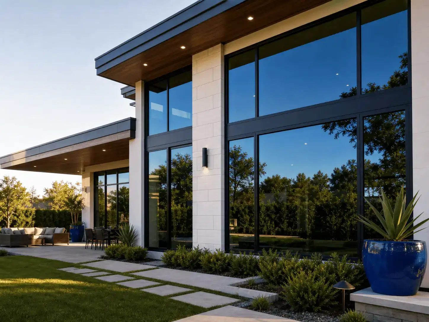 Finished residential architectural window tint with blue reflective glass