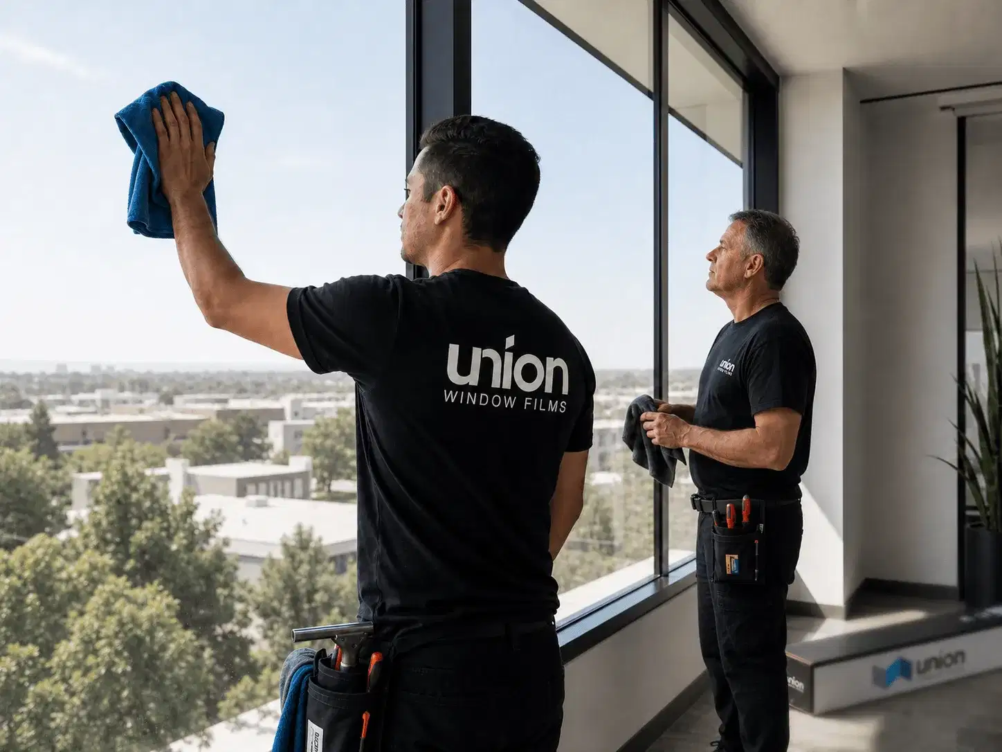 Union Window Films installers cleaning a large architectural window