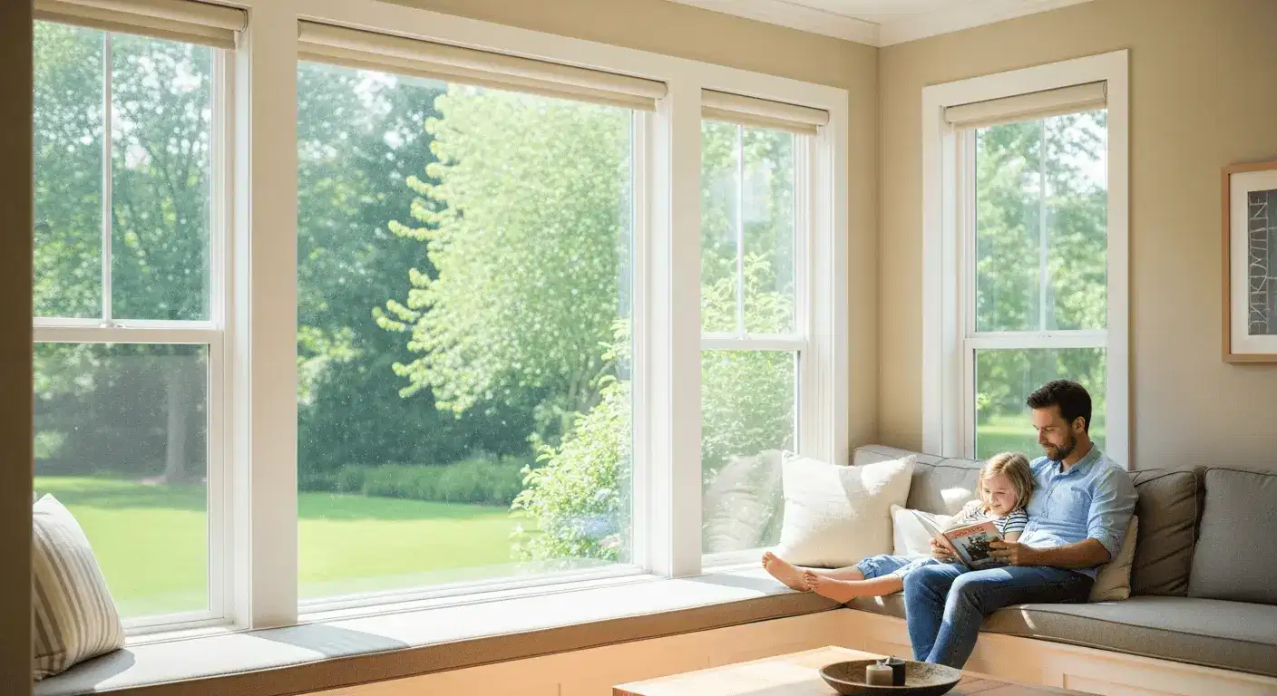 Parent and child reading together beside clean residential windows during strong summer sun