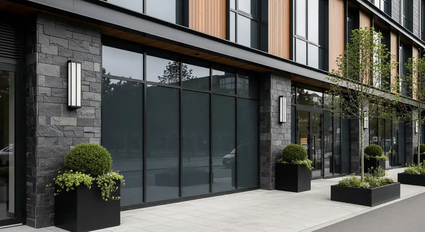 Premium storefront with uniform neutral reflective glass reducing visibility from the street
