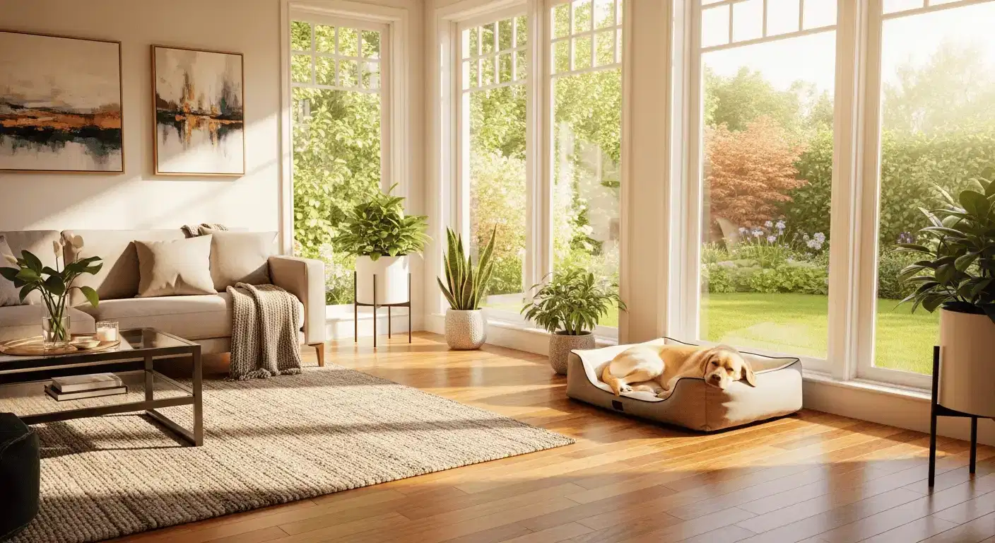 Labrador resting in a bright living room near clean residential windows with softened sunlight