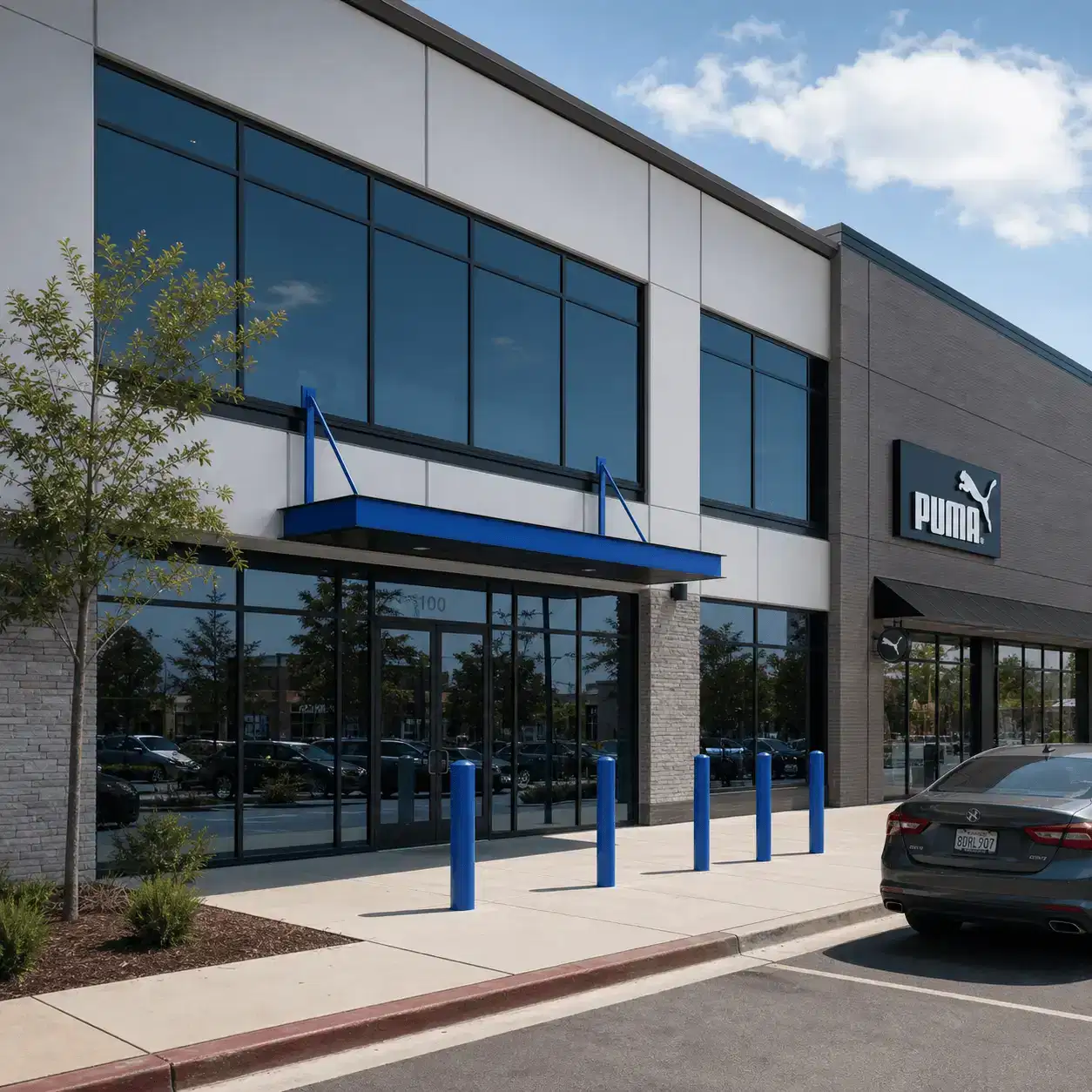Blue storefront glass with reflective architectural window tint