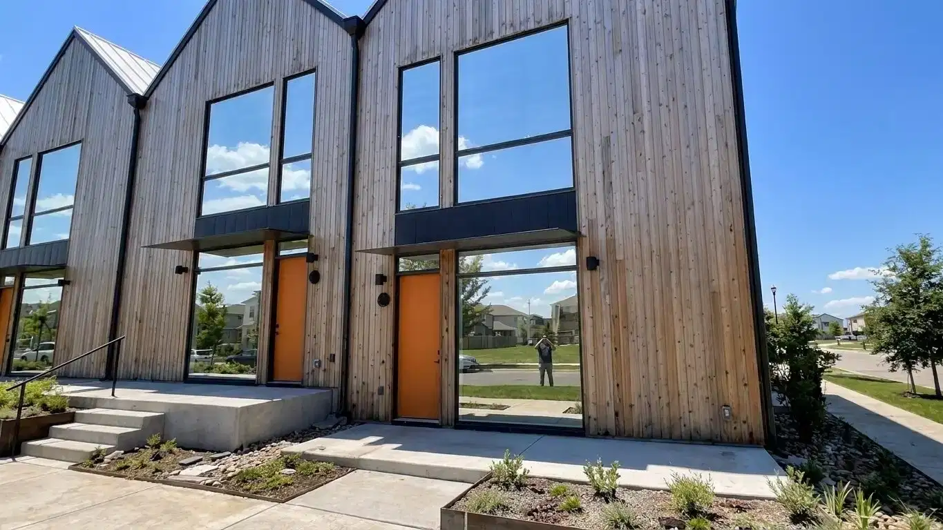 iPhone-style close-up of silver mirror window film on modern townhome glass