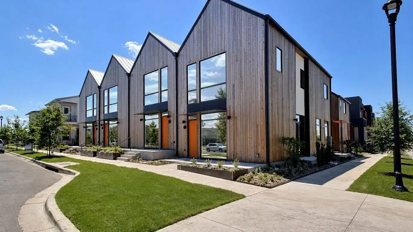 Phone photo of modern townhomes with silver reflective architectural window film