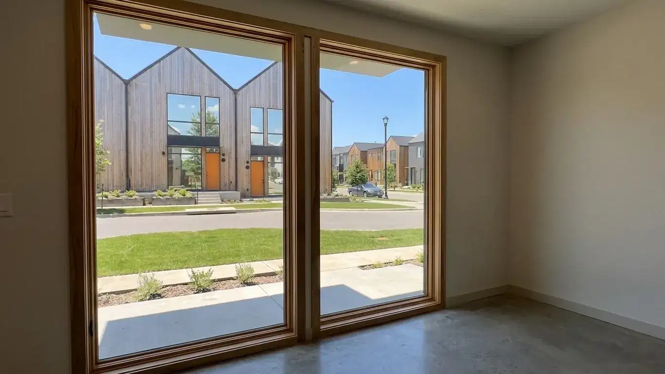 Interior phone photo looking through tinted townhome front windows