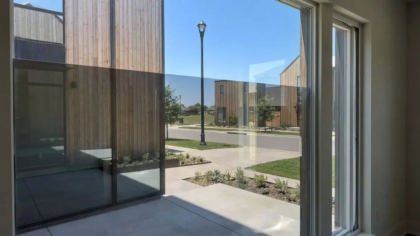 Interior oblique phone photo showing reflective architectural film on townhome glass
