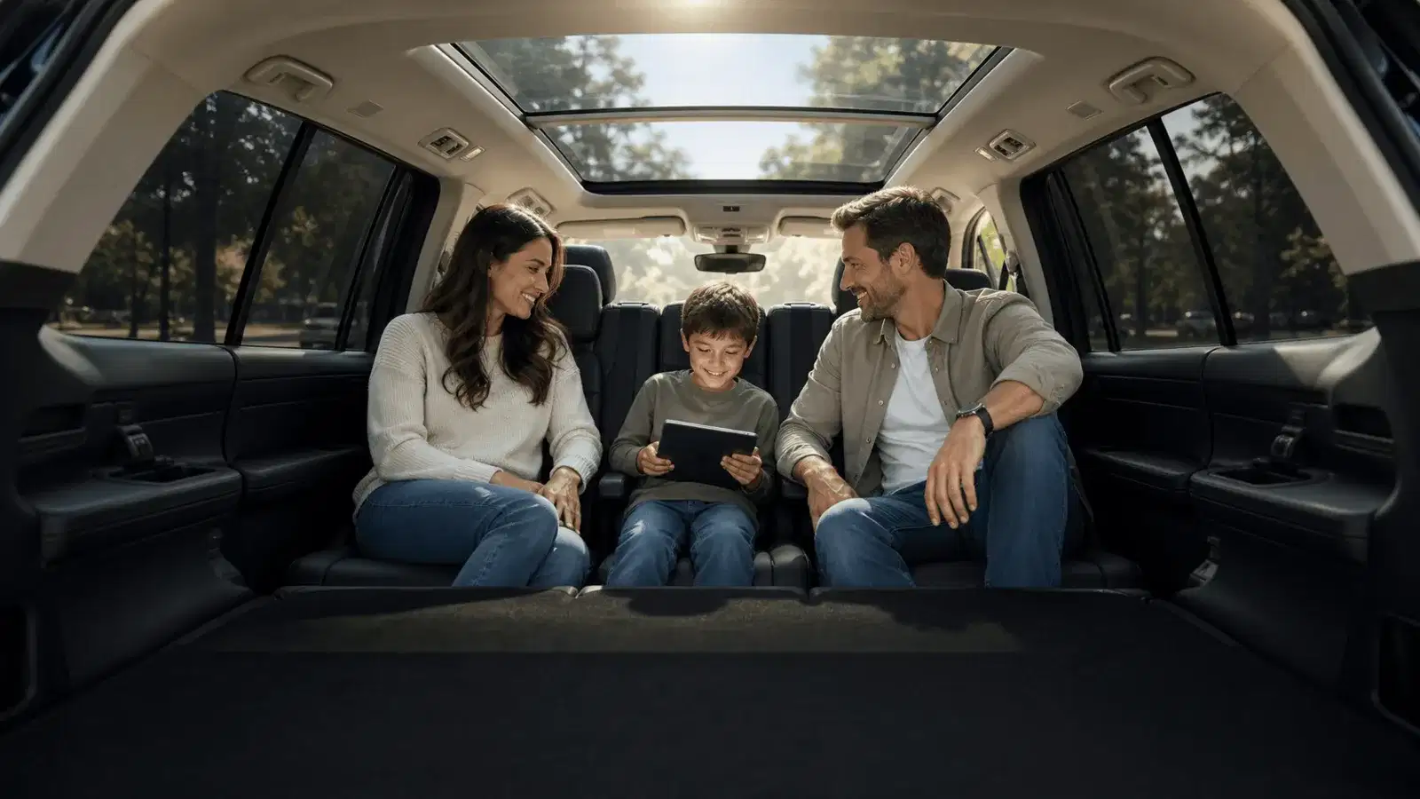 Family sitting comfortably in a cool shaded vehicle cabin while hot sun is softened by tinted side glass