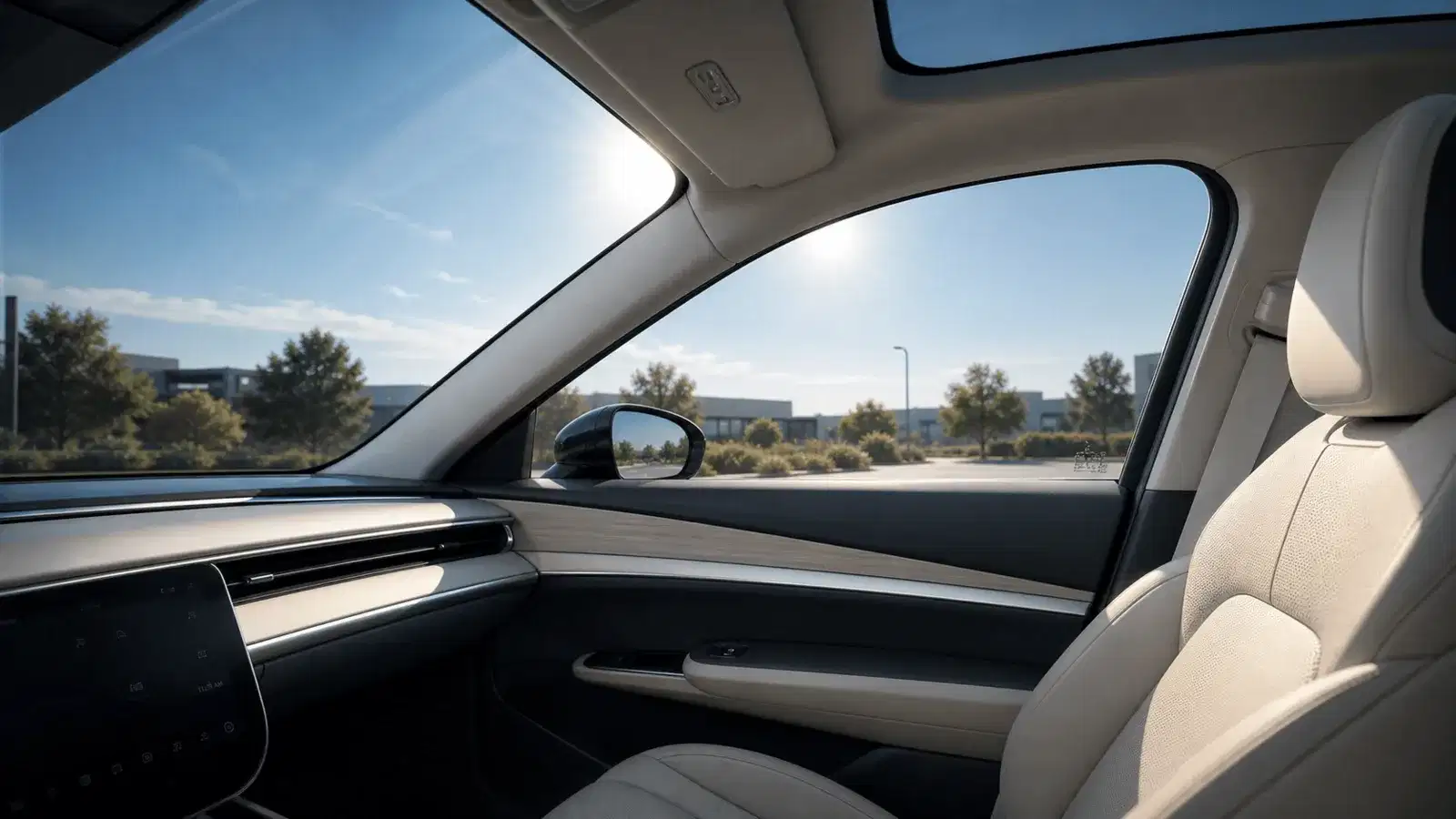 Bright sun diffused through tinted vehicle glass to protect the cabin interior