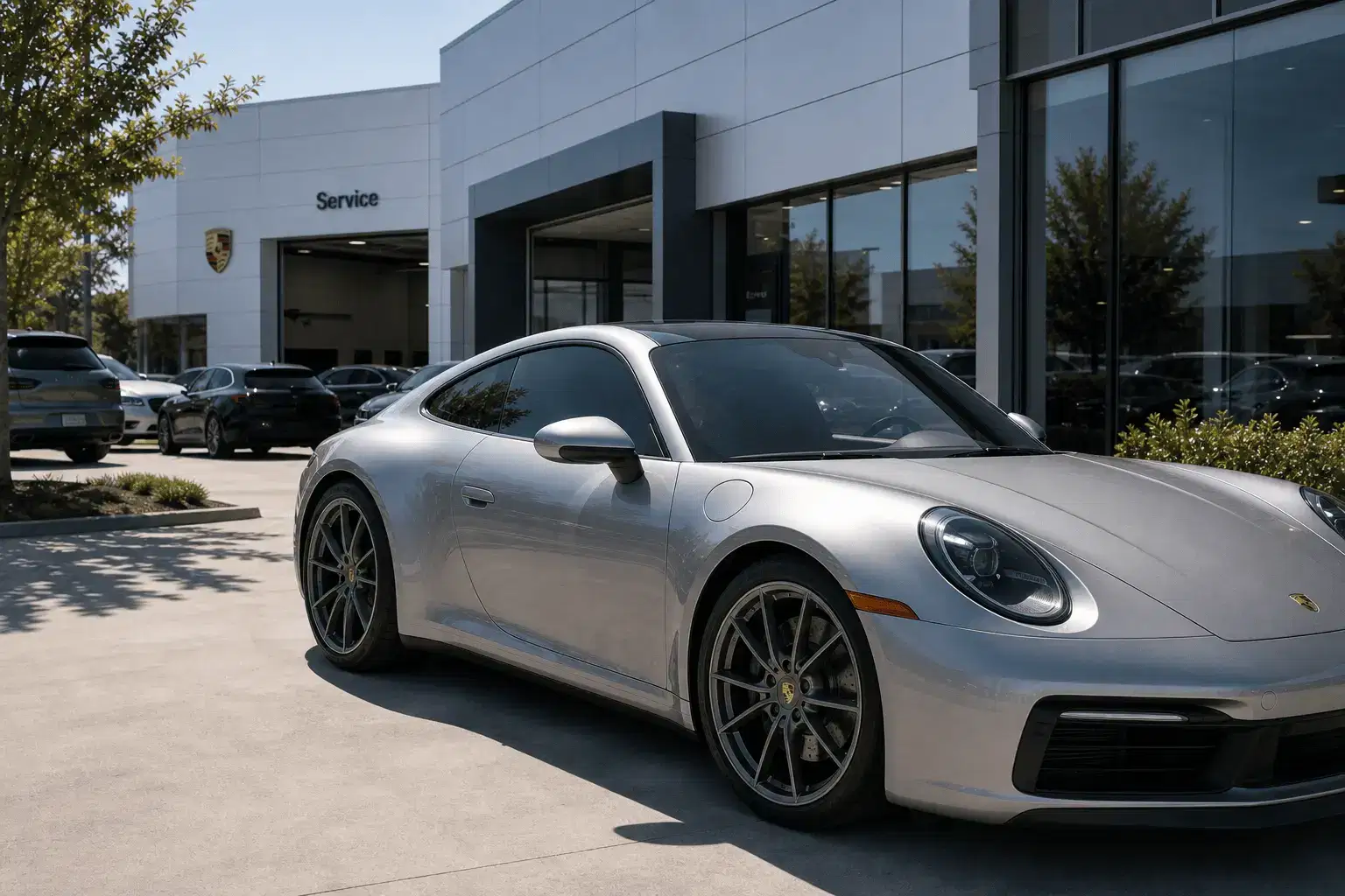Silver Porsche 911 parked outside a premium Porsche service garage