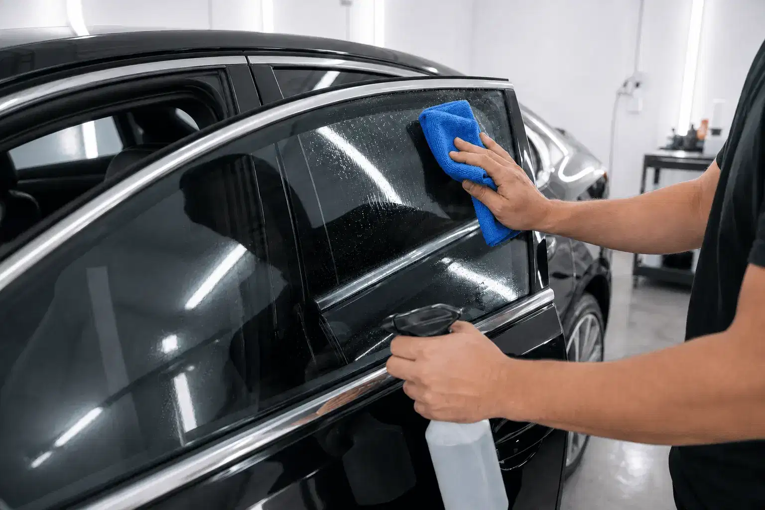 Installer wiping a vehicle side window with a blue microfiber cloth before tint installation