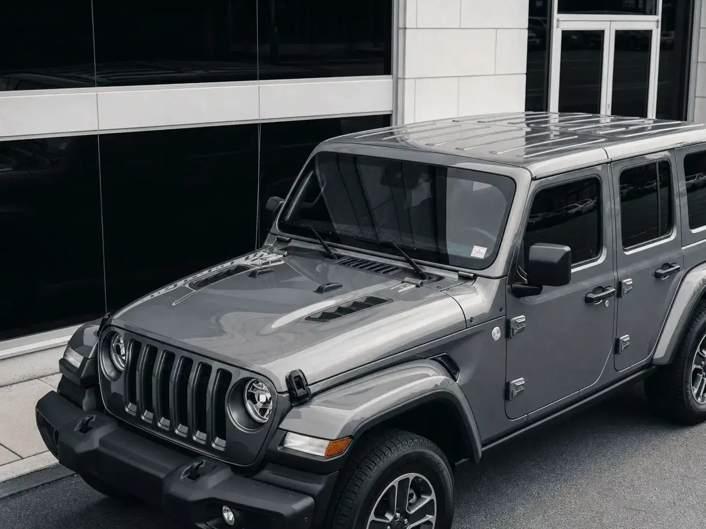 Blue Edge Tinting finished gray Jeep Wrangler tint outside a shopfront with a blank white storefront panel